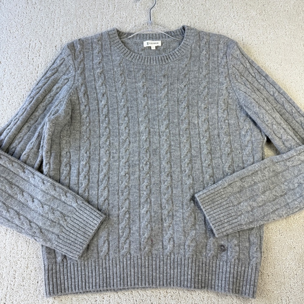 LilySilk Sweater Womens L Gray Wool Cashmere Blend Cable Knit Crew Neck 13094